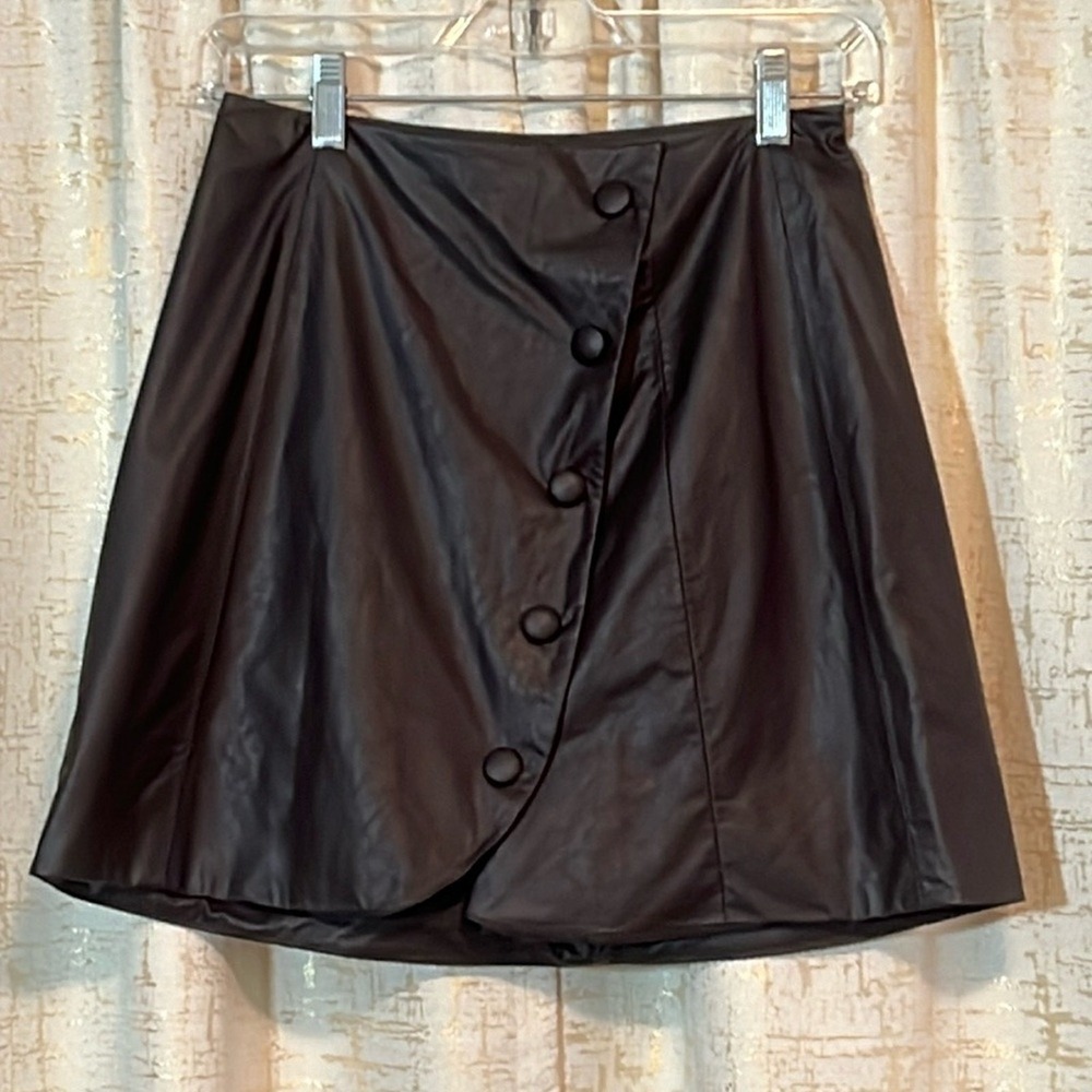 Zara Faux Leather Mini Skirt Women's XS Brown Wrap Snap Button Edgy Moto Goth